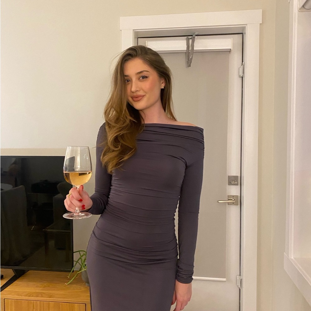 Meshki Off-Shoulder Charcoal Midi Dress